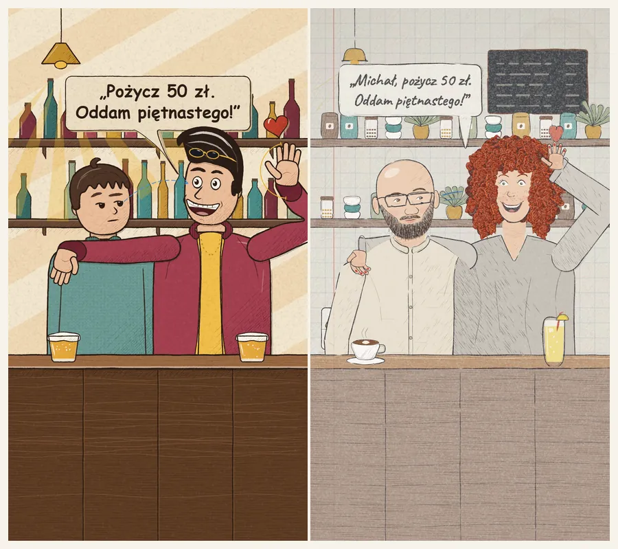 The same moment of the same film, shot 02 "the promise", at about 3.9 s: the ink version in a bar (left) and the pencil version in a café (right)