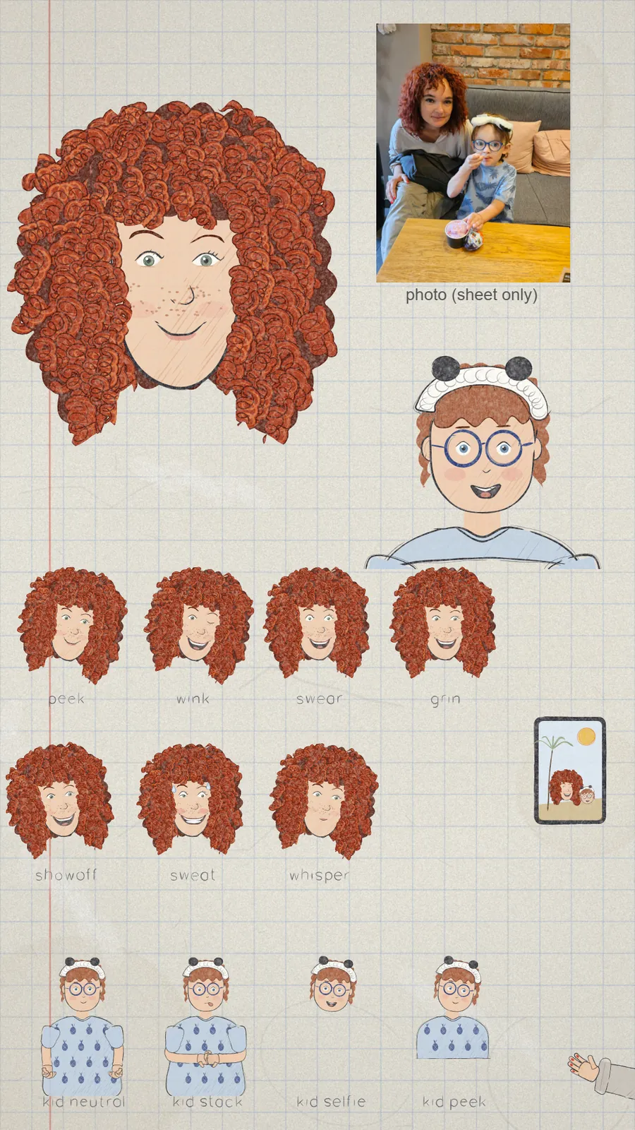 Kasia's likeness sheet: a family photo (sheet only, never in the film), her expressions and our son's cameo poses