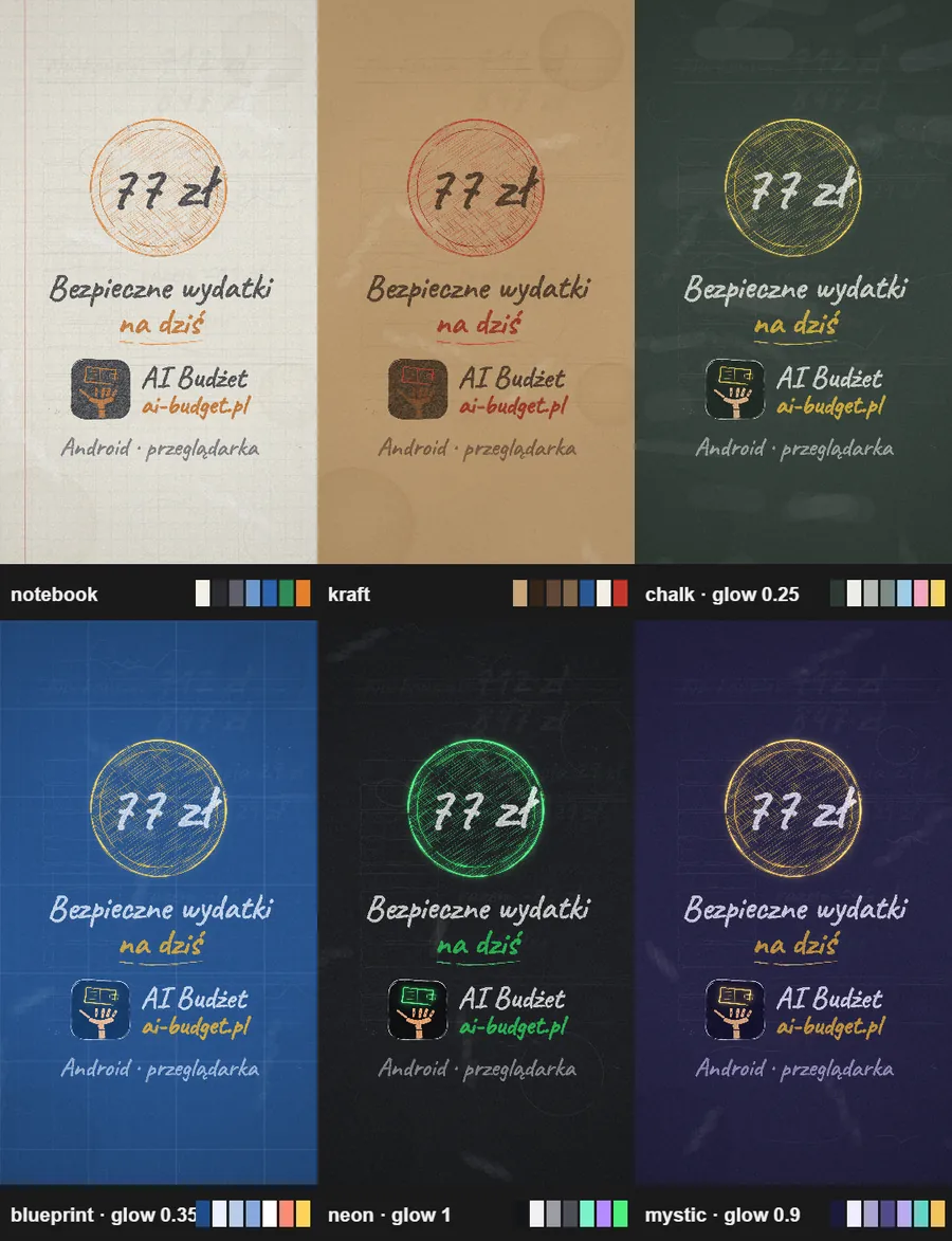 One poster frame in six themes: notebook, kraft, chalk, blueprint, neon and mystic. The scene code is the same; only the role-to-colour map changes